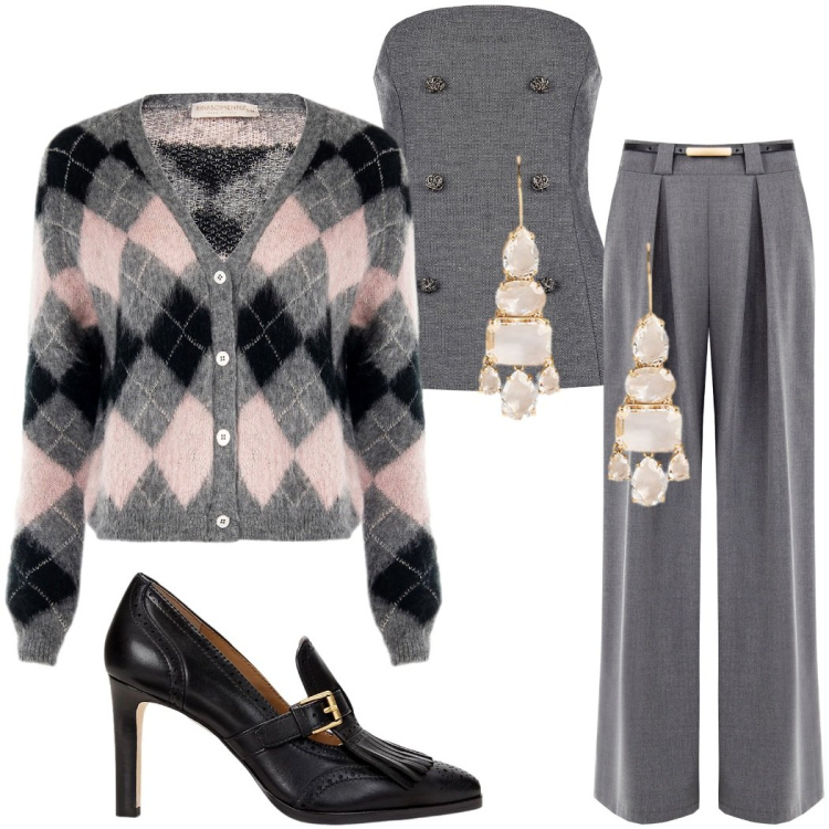 Outfit donna - Ritorno al tartan. Stile Chic per Serata fuori. Abbinamento con cardigans, pantaloni a palazzo, top, décolleté, orecchini.