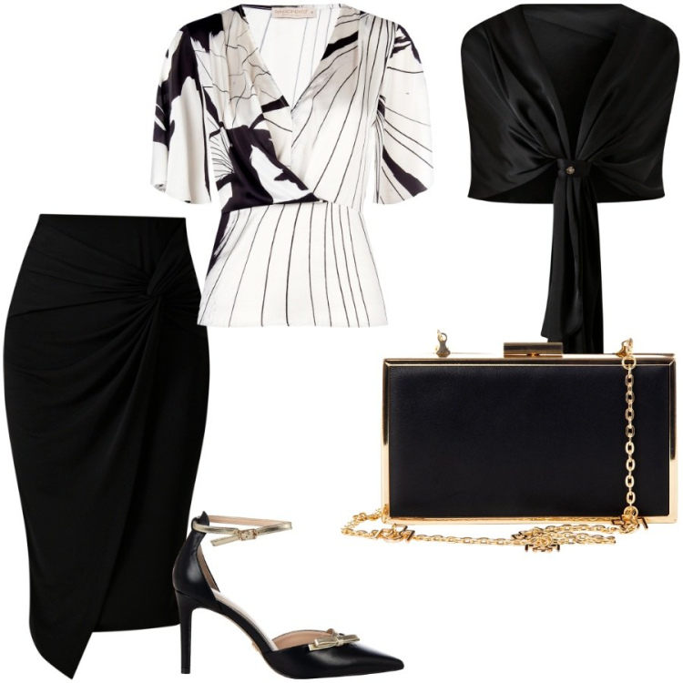 Outfit donna - Una serata di gala. Stile Chic per Serata fuori. Abbinamento con scialli, bluse, décolleté, pochette, gonne.
