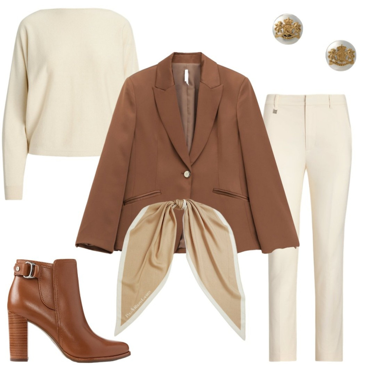 Outfit donna - Minimal chic AUTUNNALE. Stile Minimal per Tutti i giorni. Abbinamento con blazer, orecchini, pantaloni, foulard, stivaletti, maglieria.