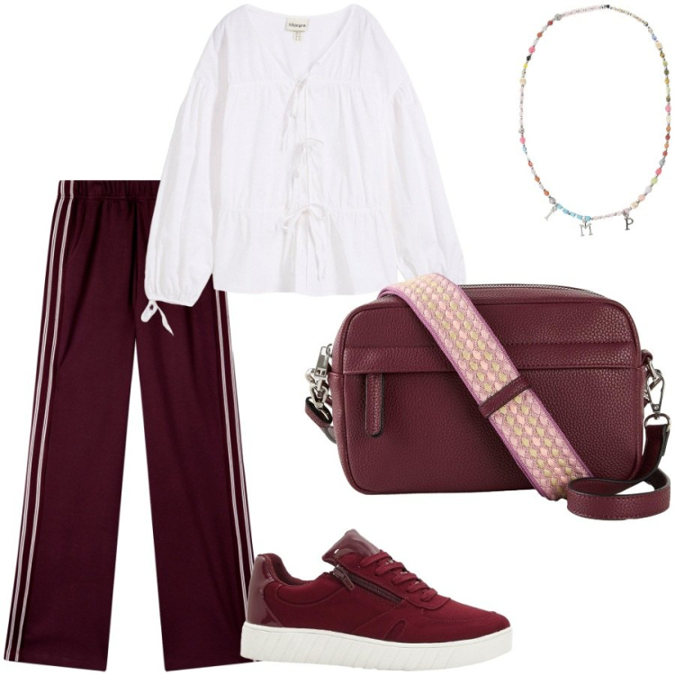 Outfit donna - Mix di stili. Stile Sporty chic per Tutti i giorni. Abbinamento con sneakers, borse a tracolla, bluse, pantaloni sportivi, collane.