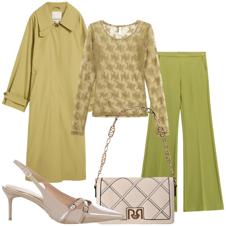 Outfit donna - C\'era una volta elegante. Stile Glamour per Tutti i giorni. Abbinamento con trench, borse a tracolla, décolleté, maglieria, pantaloni.