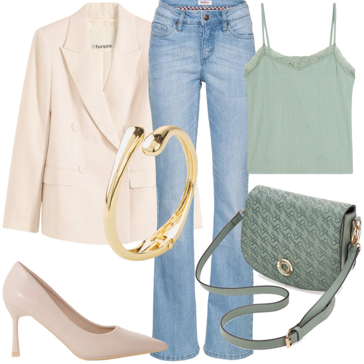 Outfit donna - In verde acqua. Stile Casual chic per Tutti i giorni. Abbinamento con jeans bootcut, blazer, braccialetti, top, décolleté, borse a tracolla.