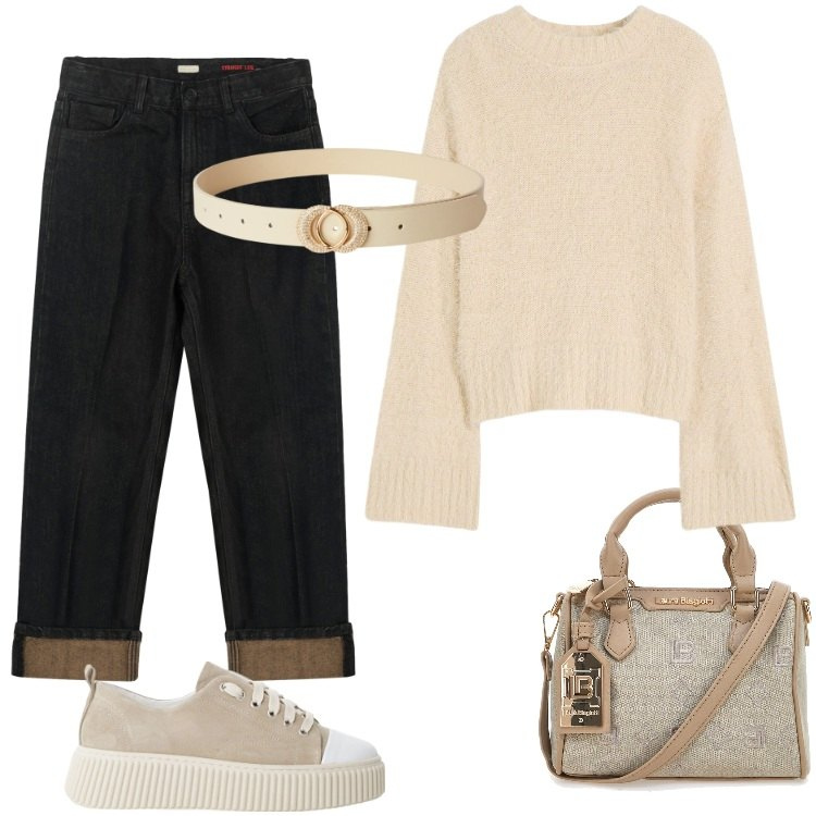 Outfit donna - Total look #2239905. Stile Minimal per Ufficio. Abbinamento con maglieria, cinture, sneakers, jeans dritti, borse a tracolla.