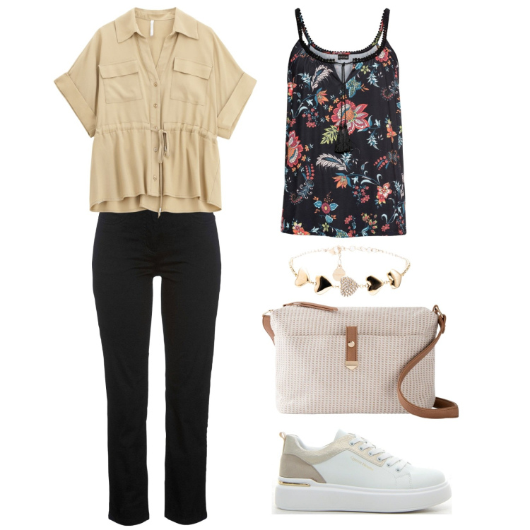 Outfit donna - Camicia. Stile Casual per Tutti i giorni. Abbinamento con pantaloni, top, borse a tracolla, camicie a manica corta, braccialetti, sneakers.