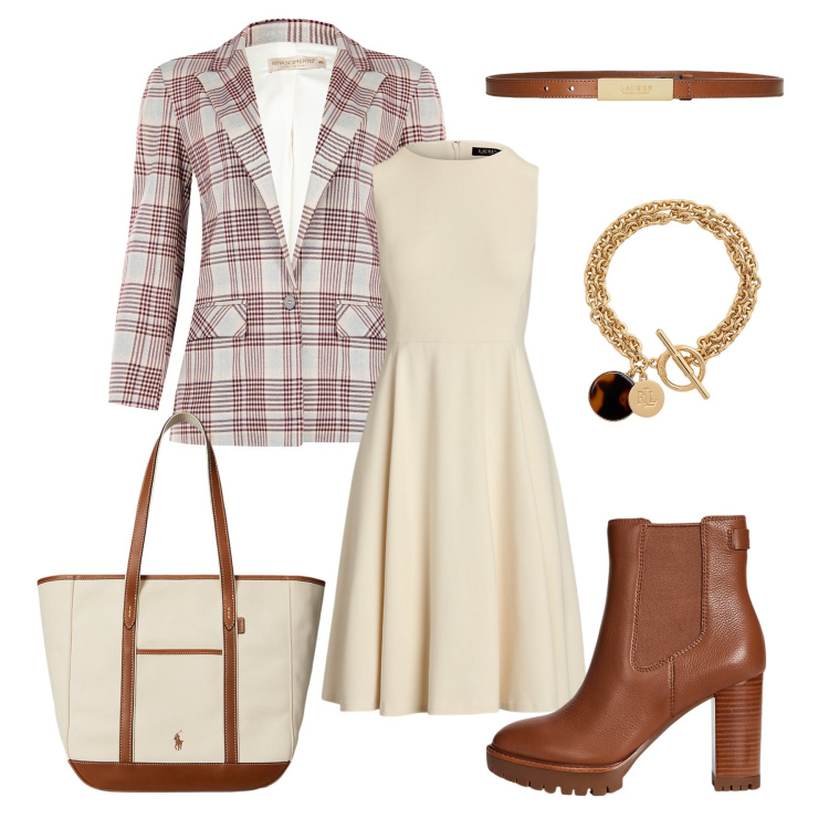 Outfit donna - Total look #2239911. Stile Casual chic per Ufficio. Abbinamento con blazer, cinture, vestiti senza maniche, braccialetti con ciondoli, borse tote, stivaletti chelsea.