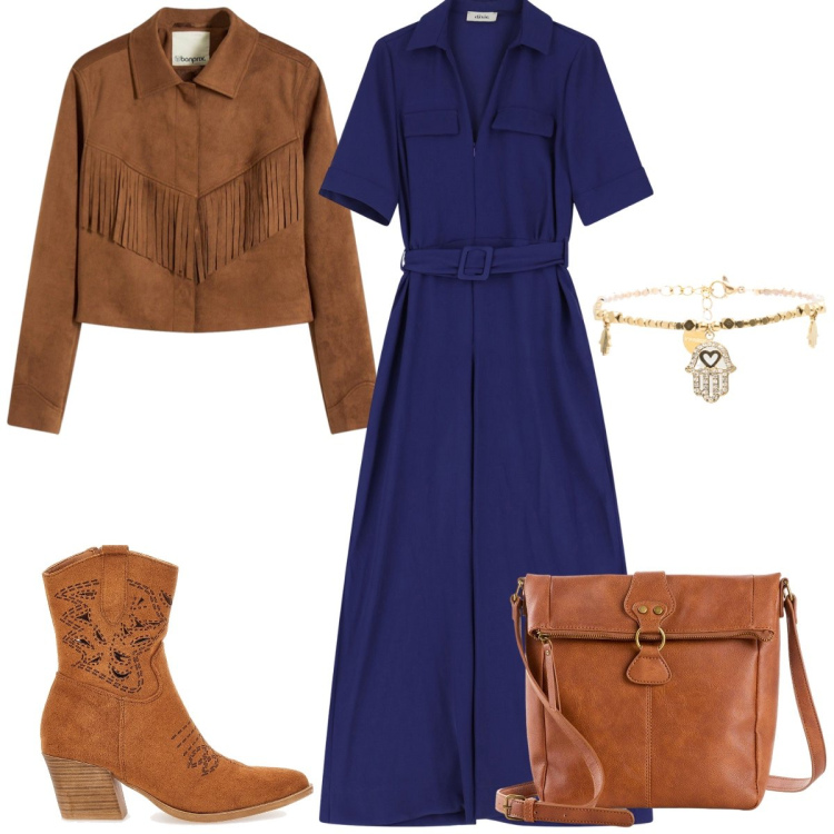 Outfit donna - Un po’ country. Stile Casual chic per Tutti i giorni. Abbinamento con borse a tracolla, blazer, tute, braccialetti, stivaletti texani.