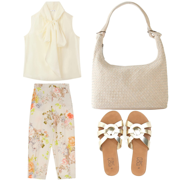 Outfit donna - Romantico color burro. Stile Romantica per Ufficio. Abbinamento con shopping bag, bluse, pantaloni chino, ciabatte.