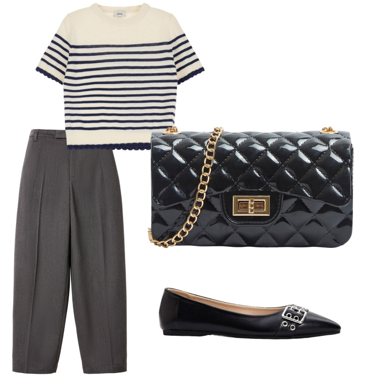 Outfit donna - Pensando ad Audrey. Stile Bon Ton per Ufficio. Abbinamento con ballerine, borse a tracolla, pantaloni, maglieria.
