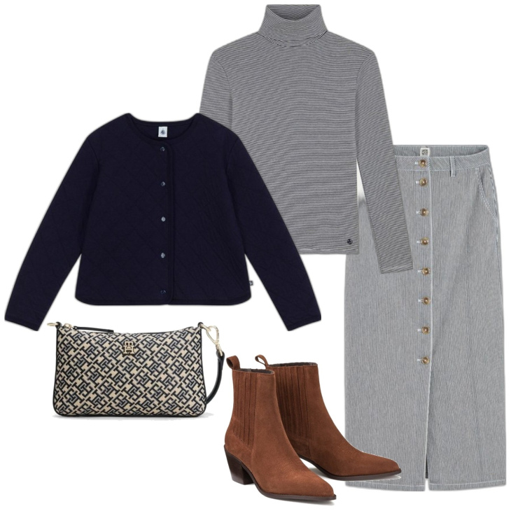 Outfit mujer - Casual chic #14636. Estilo Casual chic para Todos los días. Combinación con minifaldas, camiseta, bolsos de mano, botas cowboy, cárdigans.