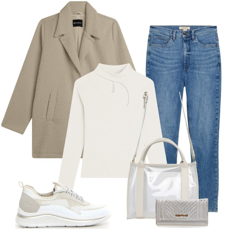 Outfit donna - Total look #2239929. Stile Minimal per Ufficio. Abbinamento con jeans skinny, borse tote, maglieria, cappotti, portafogli, sneakers.