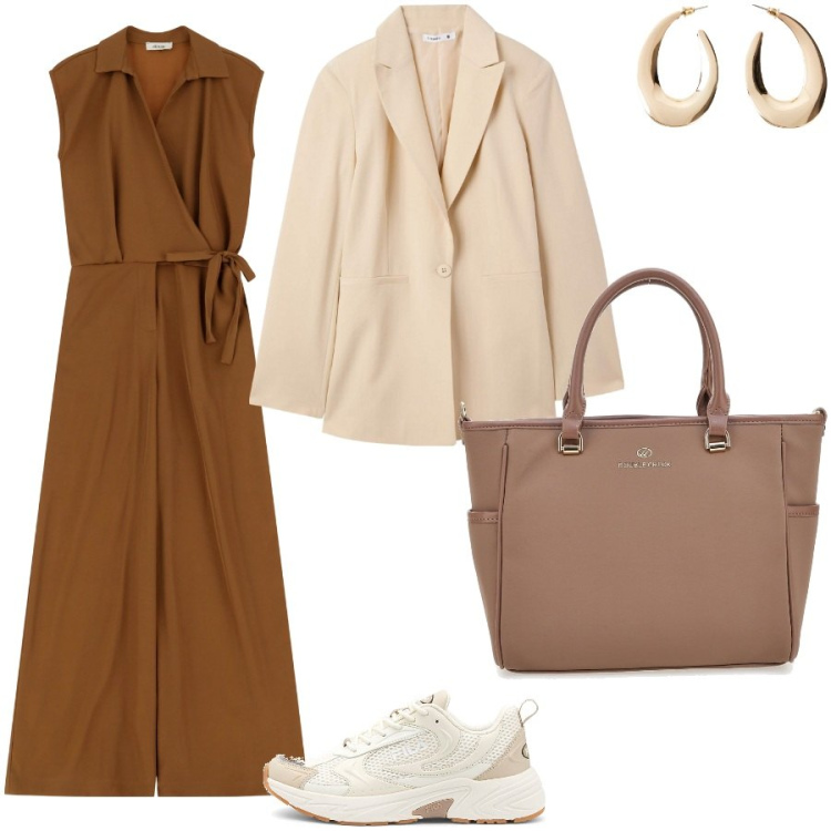 Outfit donna - Fall. Stile Casual chic per Tutti i giorni. Abbinamento con orecchini, blazer, tute, borse a tracolla, sneakers.