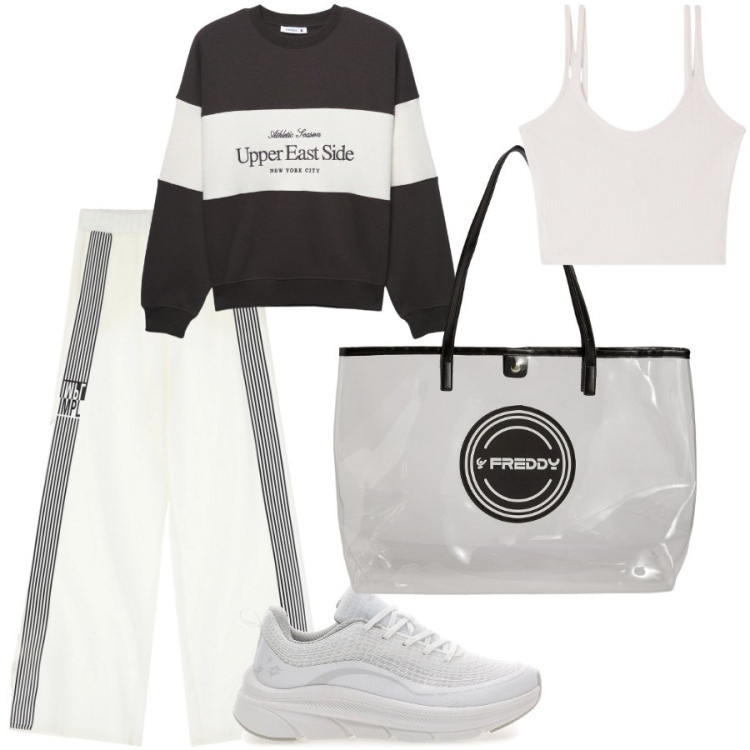 Outfit donna - Rimettiamoci in moto. Stile Sporty chic per Sport. Abbinamento con canottiere, felpe sportive, pantaloni sportivi, shopping bag, scarpe sportive.