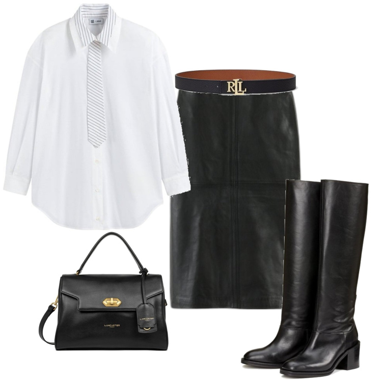 Outfit mujer - Casual chic #14640. Estilo Casual chic para Oficina. Combinación con botas, bolsos de mano, cinturones, camisas, faldas largas.