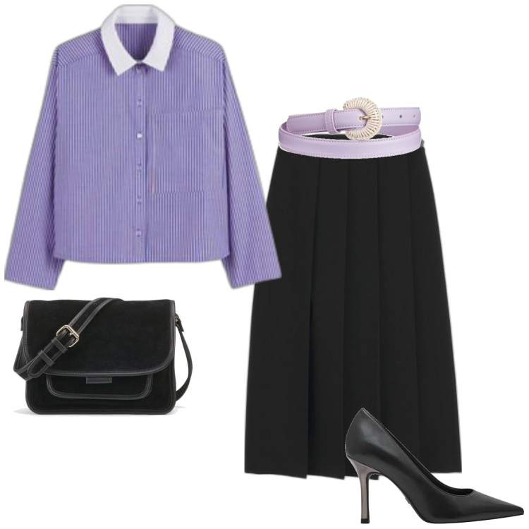 Outfit mujer - Bon Ton #5353. Estilo Bon Ton para Oficina. Combinación con bandoleras, camisas, faldas largas, cinturones, zapatos de tacón.
