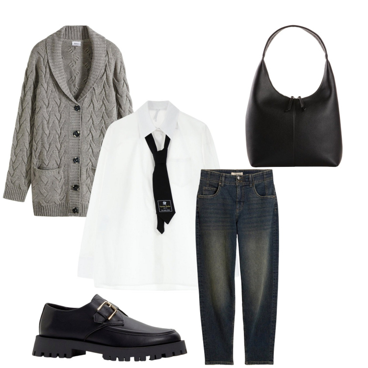 Outfit donna - Cravatta al femminile. Stile Urban per Tutti i giorni. Abbinamento con cardigans, jeans mom, mocassini, shopping bag, camicie.