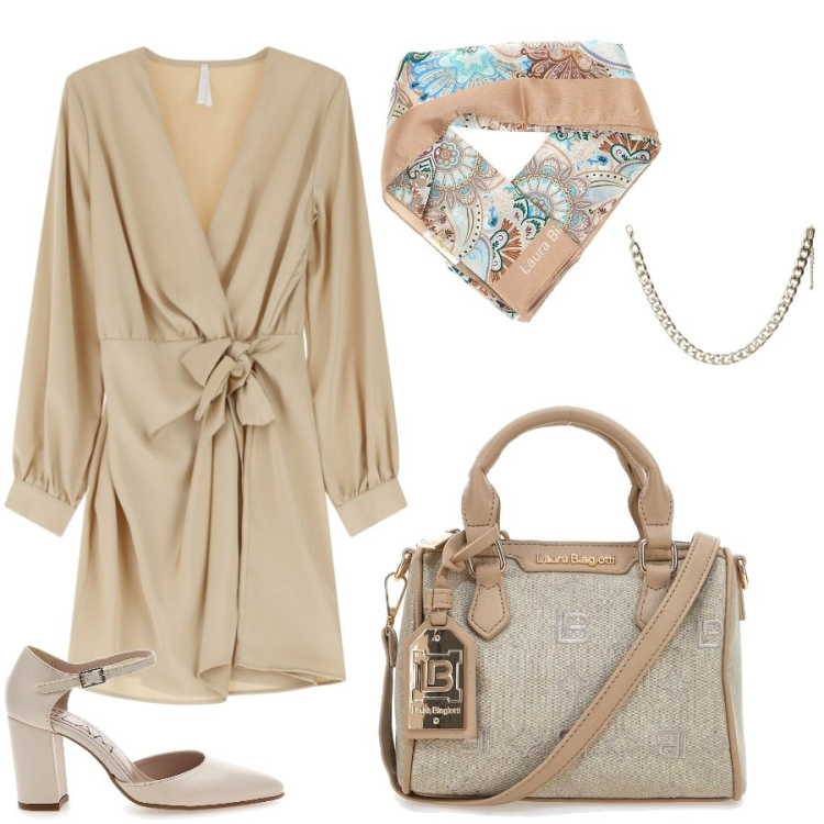 Outfit donna - Pizza con amiche. Stile Chic per Serata fuori. Abbinamento con collane, vestiti corti, foulard, borse a tracolla, décolleté.
