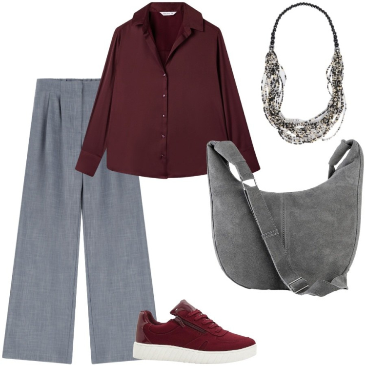 Outfit donna - Mattinata lavorativa. Stile Casual chic per Ufficio. Abbinamento con sneakers, borse a mano, camicie, pantaloni, collane.