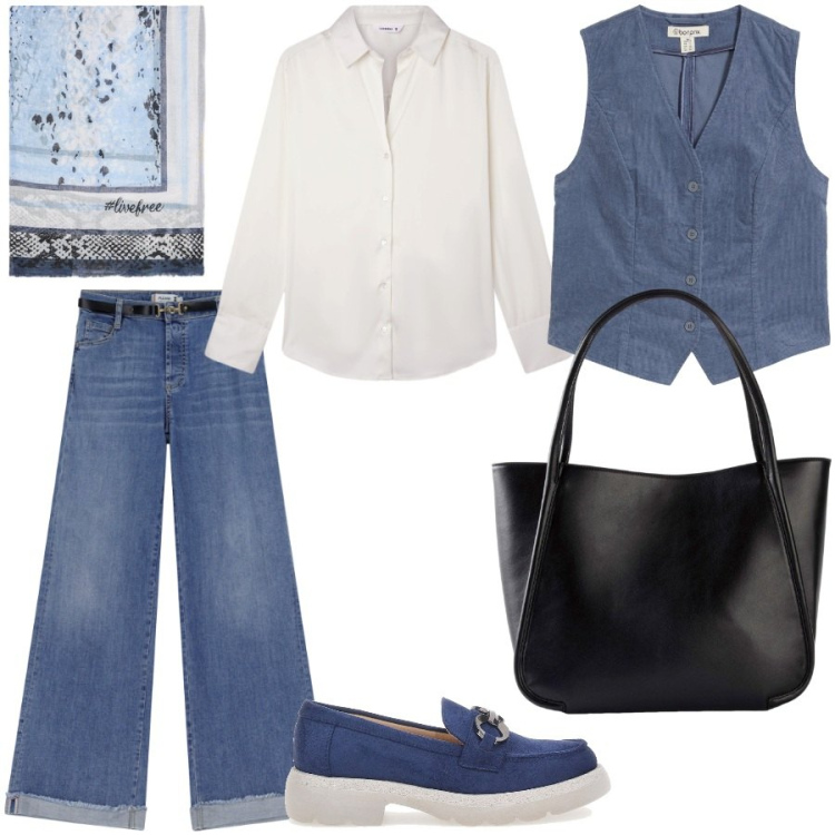 Outfit donna - Riprende l\'università. Stile Casual chic per Scuola/Università. Abbinamento con shopping bag, gilet, camicie, jeans, foulard, mocassini.