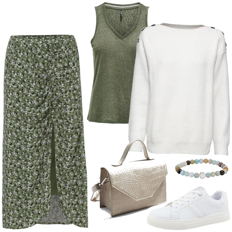 Outfit femme - Amélie. Style Basique pour Tous les jours. Assortir avec pulls, jupes, sacs en bandoulière, bracelets, sneakers, débardeurs à bretelles.