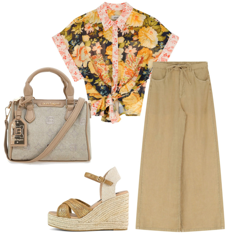 Outfit donna - Total look #2239964. Stile Casual chic per Tutti i giorni. Abbinamento con camicie a manica corta, pantaloni, zeppe, borse a tracolla.