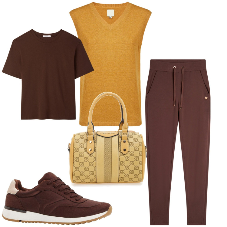 Outfit donna - Total look #2239965. Stile Sporty chic per Tutti i giorni. Abbinamento con sneakers, t-shirt, pantaloni, maglieria, borse a spalla.