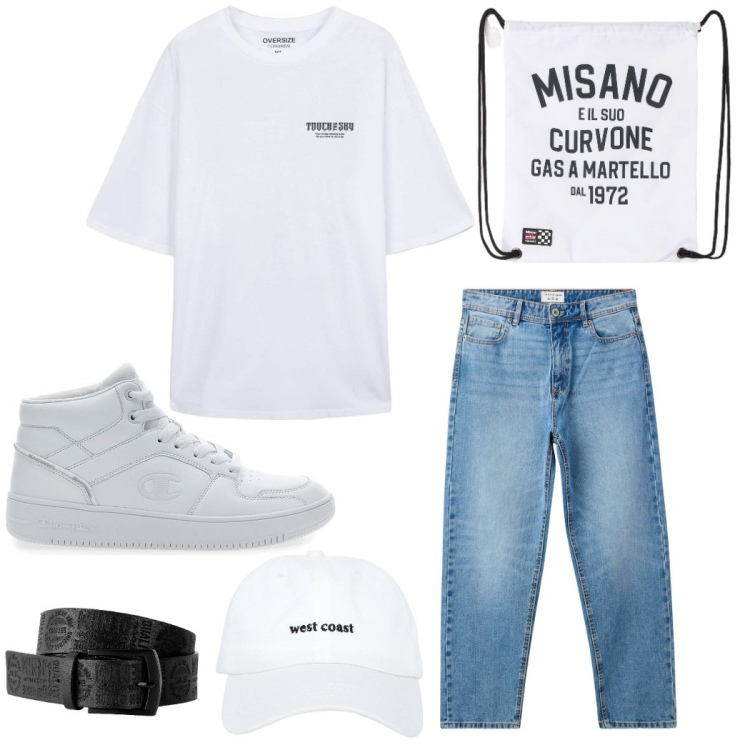 Outfit uomo - Easy beginner. Stile Casual per Tutti i giorni. Abbinamento con cinture, borse sportive, cappelli, jeans, t-shirt, sneakers alte.