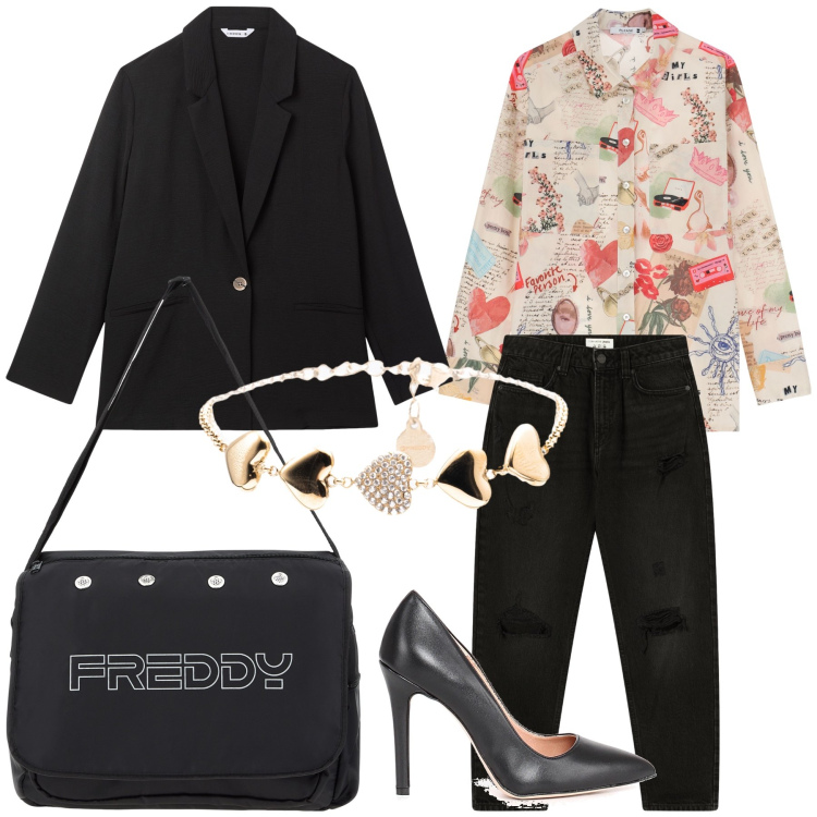 Outfit donna - Ufficio con stiletto. Stile Chic per Ufficio. Abbinamento con jeans mom, blazer, camicie, borse messenger, braccialetti, décolleté.