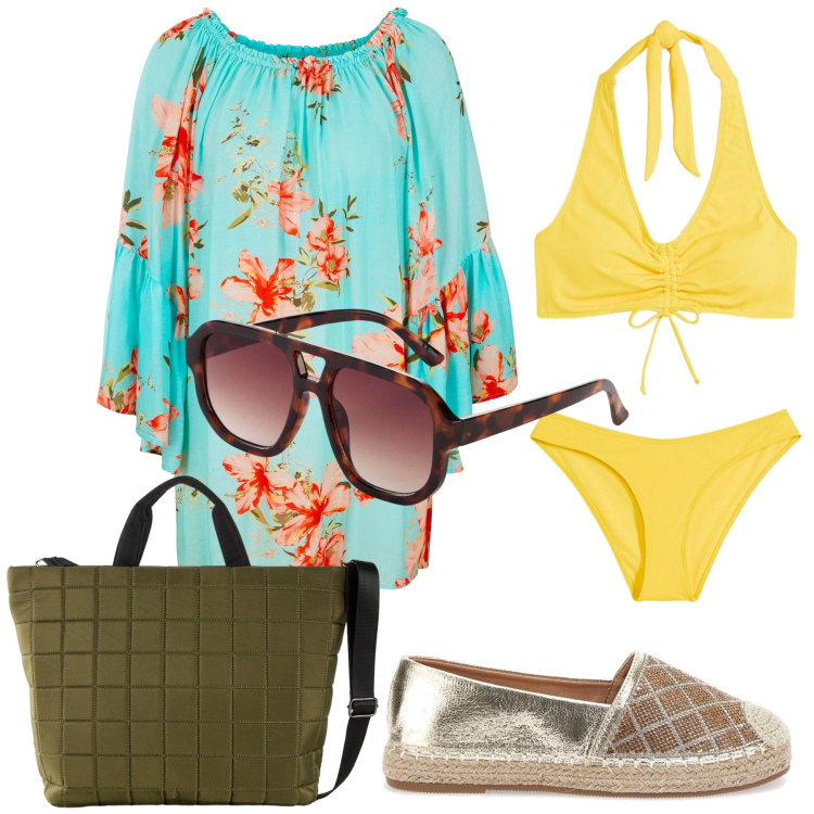 Outfit donna - Nel sole di settembre. Stile Trendy per Mare. Abbinamento con vestiti da spiaggia, bikini, occhiali da sole, shopping bag, espadrillas.