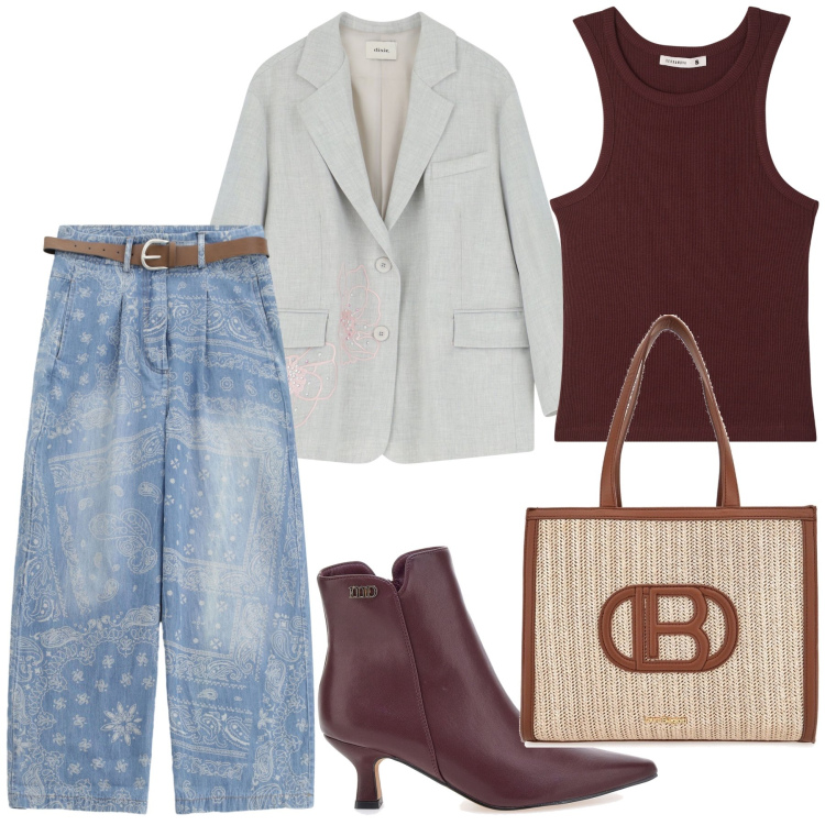 Outfit donna - Blazer e top. Stile Sporty chic per Tutti i giorni. Abbinamento con top, blazer, jeans, stivaletti, borse a spalla.