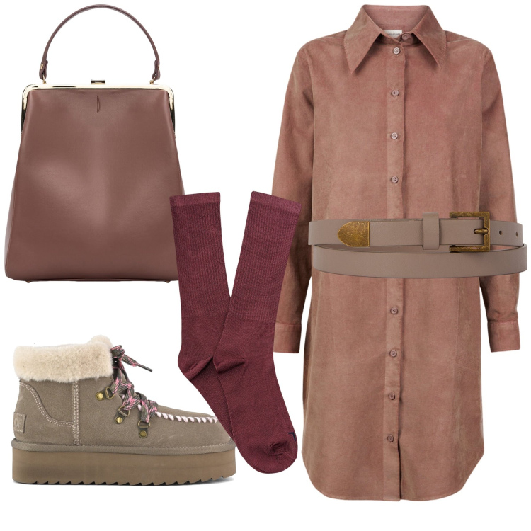 Outfit donna - Tepore in saldo. Stile Trendy per Tutti i giorni. Abbinamento con vestiti chemisier, cinture, stivaletti, borse a spalla, calzini.