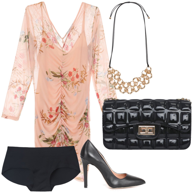 Outfit donna - Invitata scontatissima e chic. Stile Glamour per Cerimonia. Abbinamento con culotte, borse a tracolla, vestiti corti, décolleté, collane.