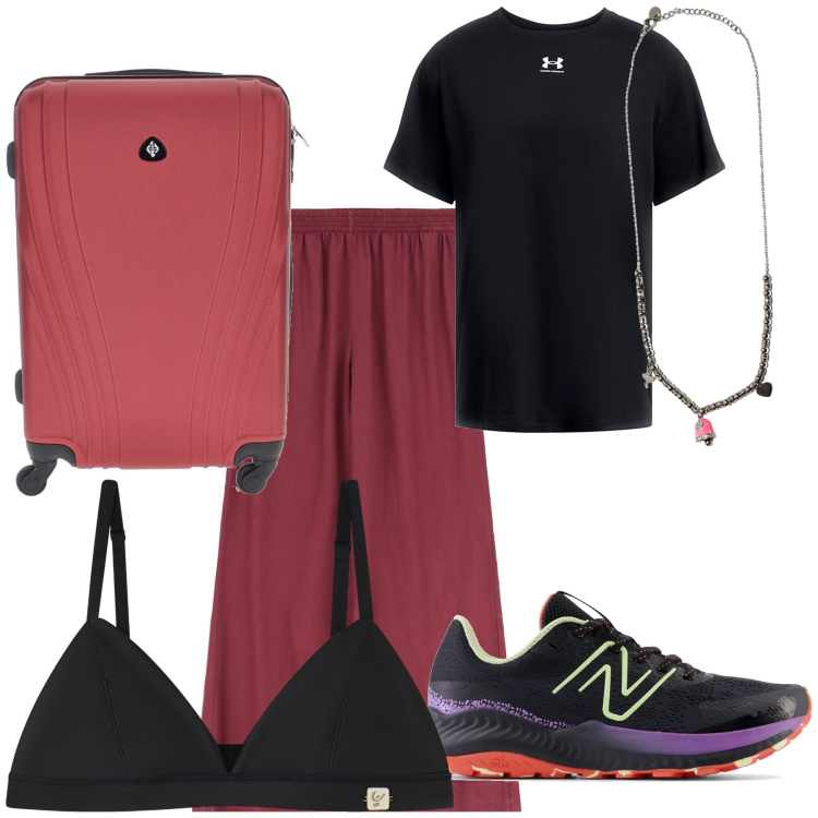 Outfit donna - Ritorno. Stile Urban per Tutti i giorni. Abbinamento con sneakers, reggiseni, ciondoli, pantaloni a palazzo, t-shirt, valigie.