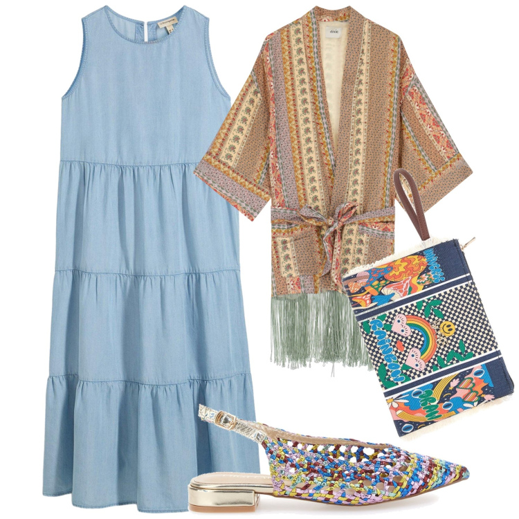 Outfit donna - Un po’ hippie. Stile Boho per Tutti i giorni. Abbinamento con vestiti midi/longuette, trench, ballerine, pochette.