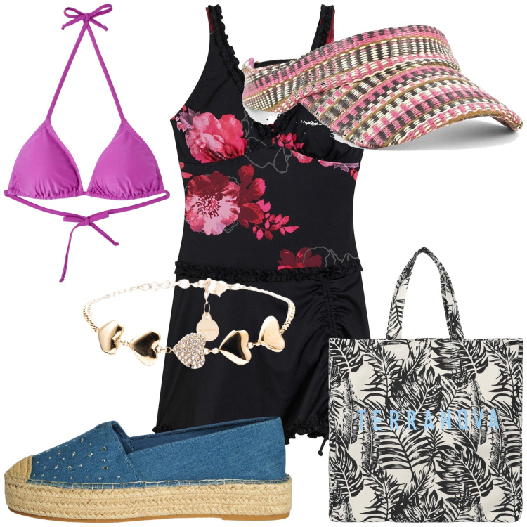 Outfit donna - Mix da mare di fine estate. Stile Trendy per Mare. Abbinamento con vestiti da spiaggia, borse tote, espadrillas, bikini, braccialetti, cappelli con visiera.
