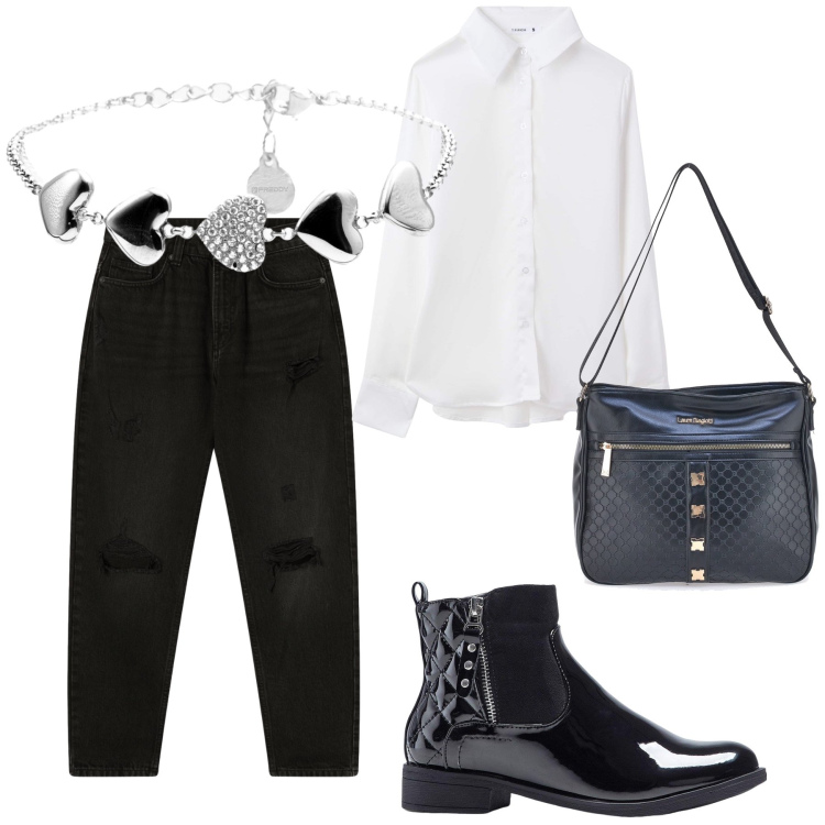 Outfit donna - Ufficio bianco e nero. Stile Urban per Ufficio. Abbinamento con stivaletti, camicie, jeans mom, braccialetti, borse a tracolla.