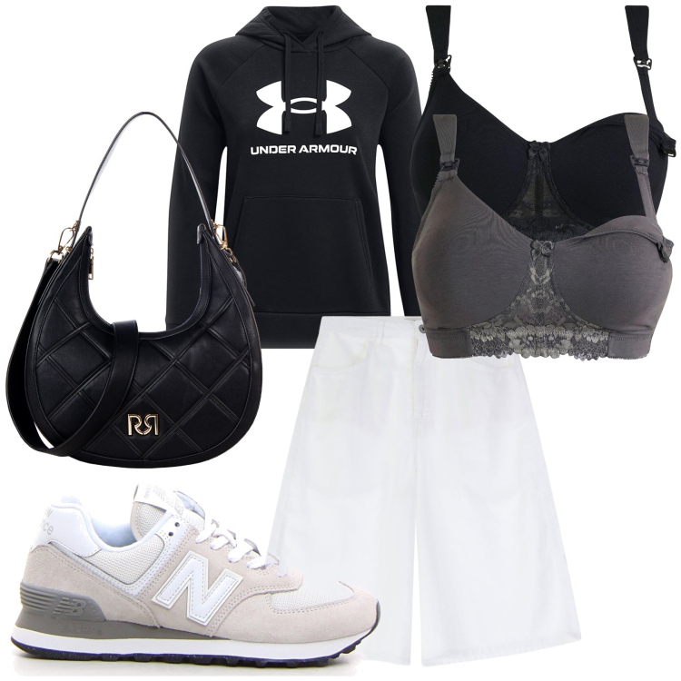 Outfit donna - Stamattina. Stile Casual chic per Tutti i giorni. Abbinamento con reggiseni, borse a tracolla, shorts, felpe con cappuccio, sneakers.