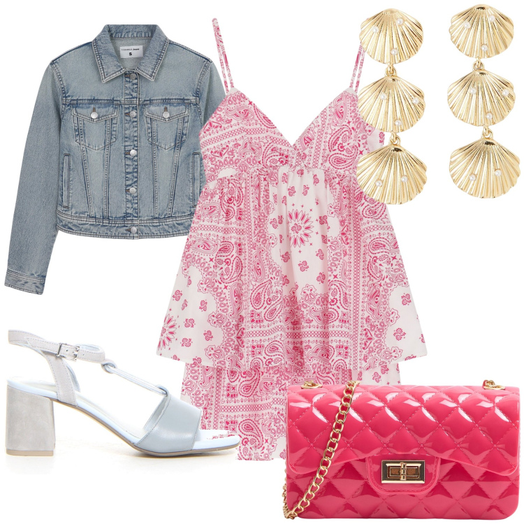 Outfit donna - Serata al mare di settembre. Stile Glamour per Serata fuori. Abbinamento con borse a tracolla, orecchini, blazer, vestiti corti, sandali col tacco.
