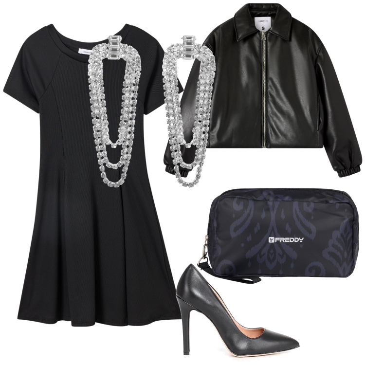 Outfit donna - Classica per la serata. Stile Chic per Serata fuori. Abbinamento con vestiti corti, orecchini, bomber, valigie, décolleté.