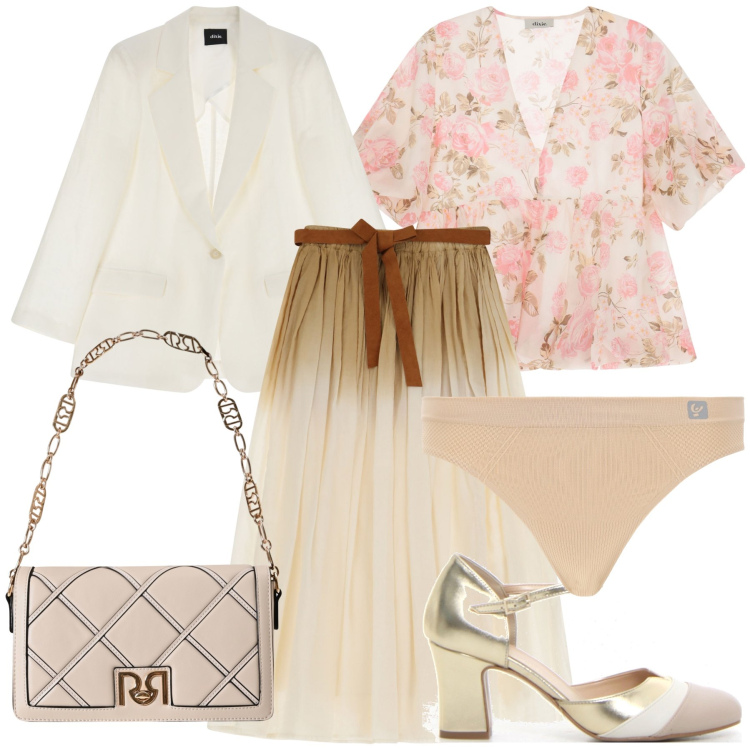 Outfit donna - Camicia a fiori. Stile Urban per Ufficio. Abbinamento con borse a tracolla, gonne lunghe, blazer, top, perizomi, sandali col tacco.