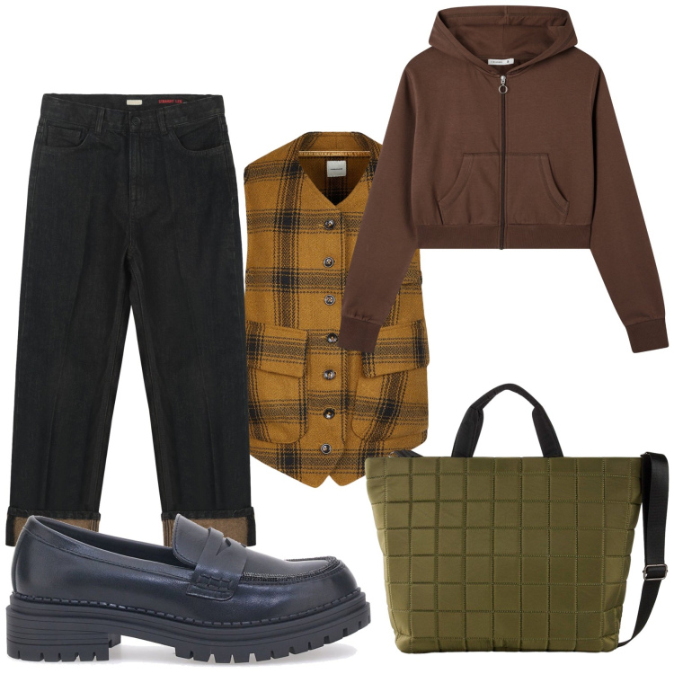 Outfit donna - Come lui. Stile Mannish per Tutti i giorni. Abbinamento con shopping bag, felpe con cappuccio, mocassini, gilet, jeans dritti.