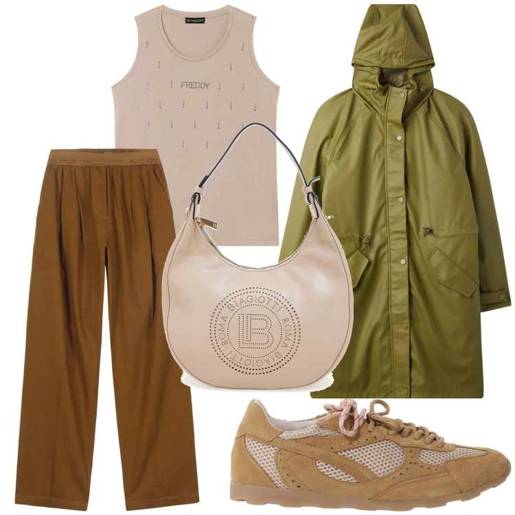 Outfit donna - Piovono saldi. Stile Casual chic per Tutti i giorni. Abbinamento con cappotti, canottiere, sneakers, borse a spalla, pantaloni.