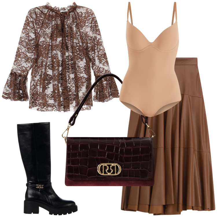 Outfit donna - Ufficio in gonna. Stile Urban per Ufficio. Abbinamento con body, stivali sopra il ginocchio, borse a mano, gonne lunghe, camicie.