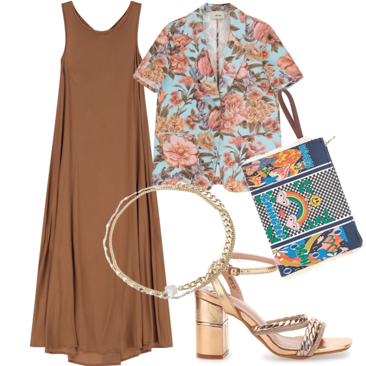 Outfit donna - La cena dei saluti. Stile Trendy per Serata fuori. Abbinamento con vestiti lunghi, blazer, braccialetti, sandali col tacco, pochette.