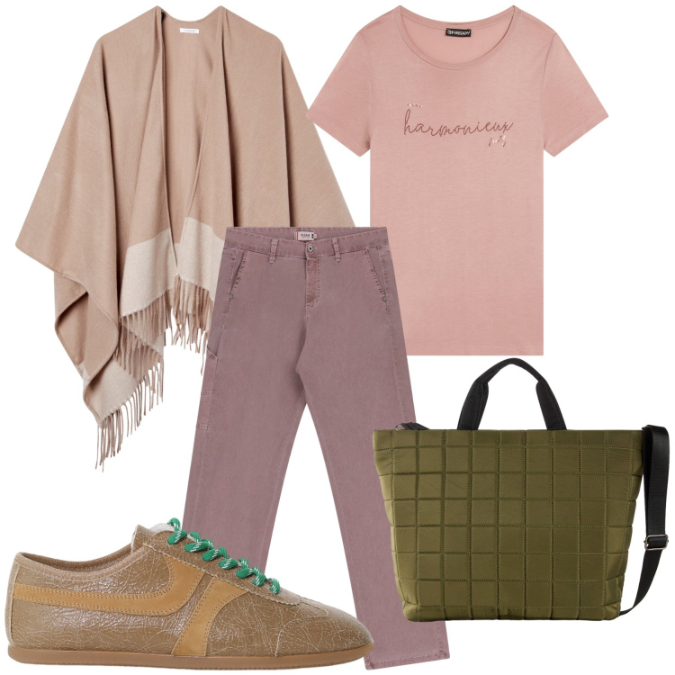 Outfit donna - Una mantellina per la stagione. Stile Trendy per Tutti i giorni. Abbinamento con shopping bag, cappe, jeans dritti, sneakers, t-shirt.