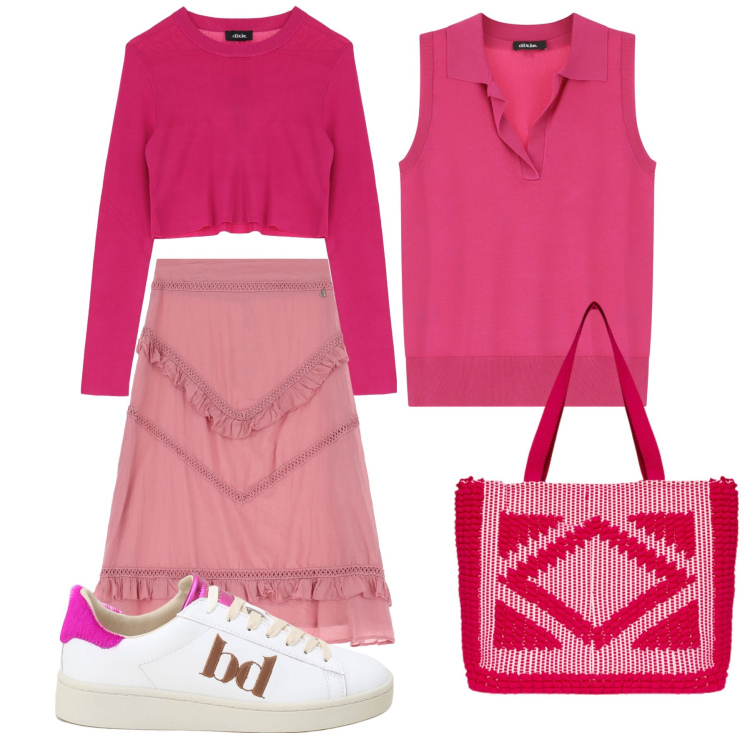 Outfit donna - Fuxia. Stile Minimal per Tutti i giorni. Abbinamento con sneakers, pullovers, maglieria, gonne longuette, borse a mano.