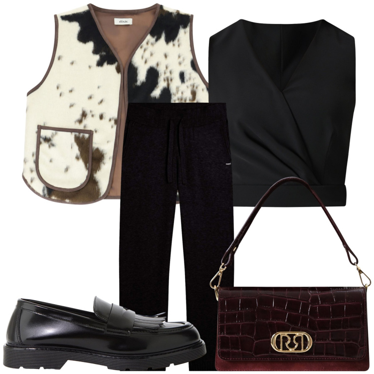 Outfit donna - Gilet originale. Stile Mannish per Ufficio. Abbinamento con top, borse a mano, mocassini, gilet, pantaloni.
