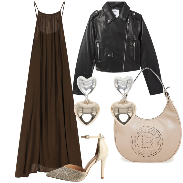 Outfit donna - Romanticismo e rock. Stile Glamour per Serata fuori. Abbinamento con giacche, décolleté, orecchini, vestiti lunghi, borse a spalla.