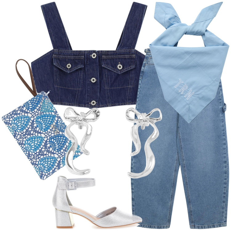 Outfit donna - Jeans per l aperitivo. Stile Glamour per Serata fuori. Abbinamento con orecchini, jeans, foulard, top, décolleté, pochette.