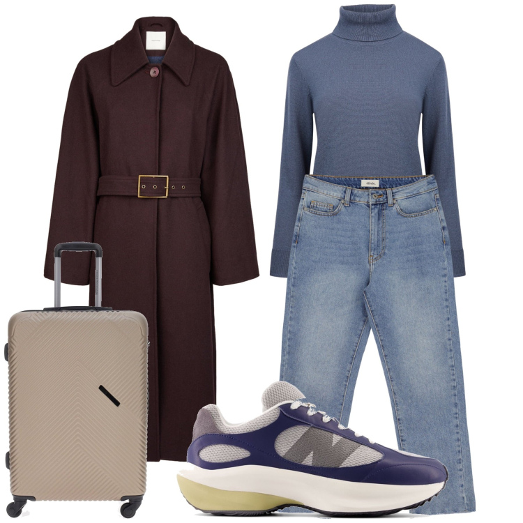 Outfit donna - Viaggio scontato. Stile Casual chic per Tutti i giorni. Abbinamento con sneakers, jeans slim fit, maglieria, valigie, cappotti.