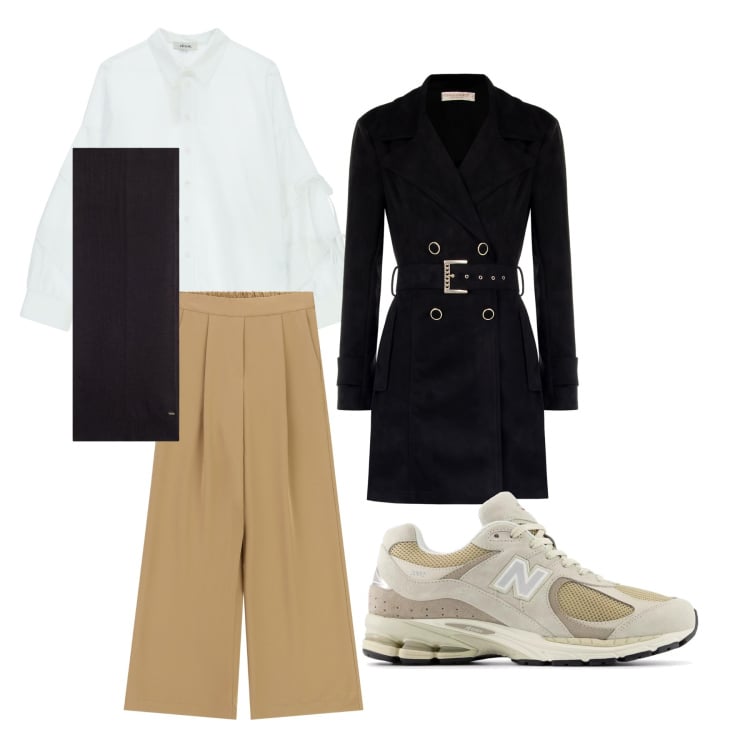 Outfit donna - Mattina in ufficio. Stile Casual per Ufficio. Abbinamento con sneakers, trench, sciarpe, pantaloni a palazzo, camicie.